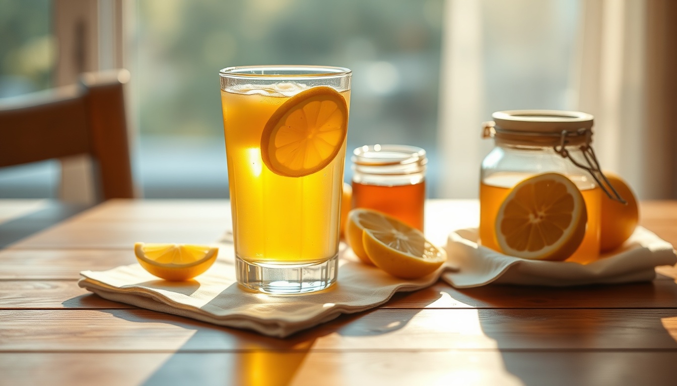 Glass of warm honey lemon water on a sunlit wooden table with fresh lemons and a jar of golden honey