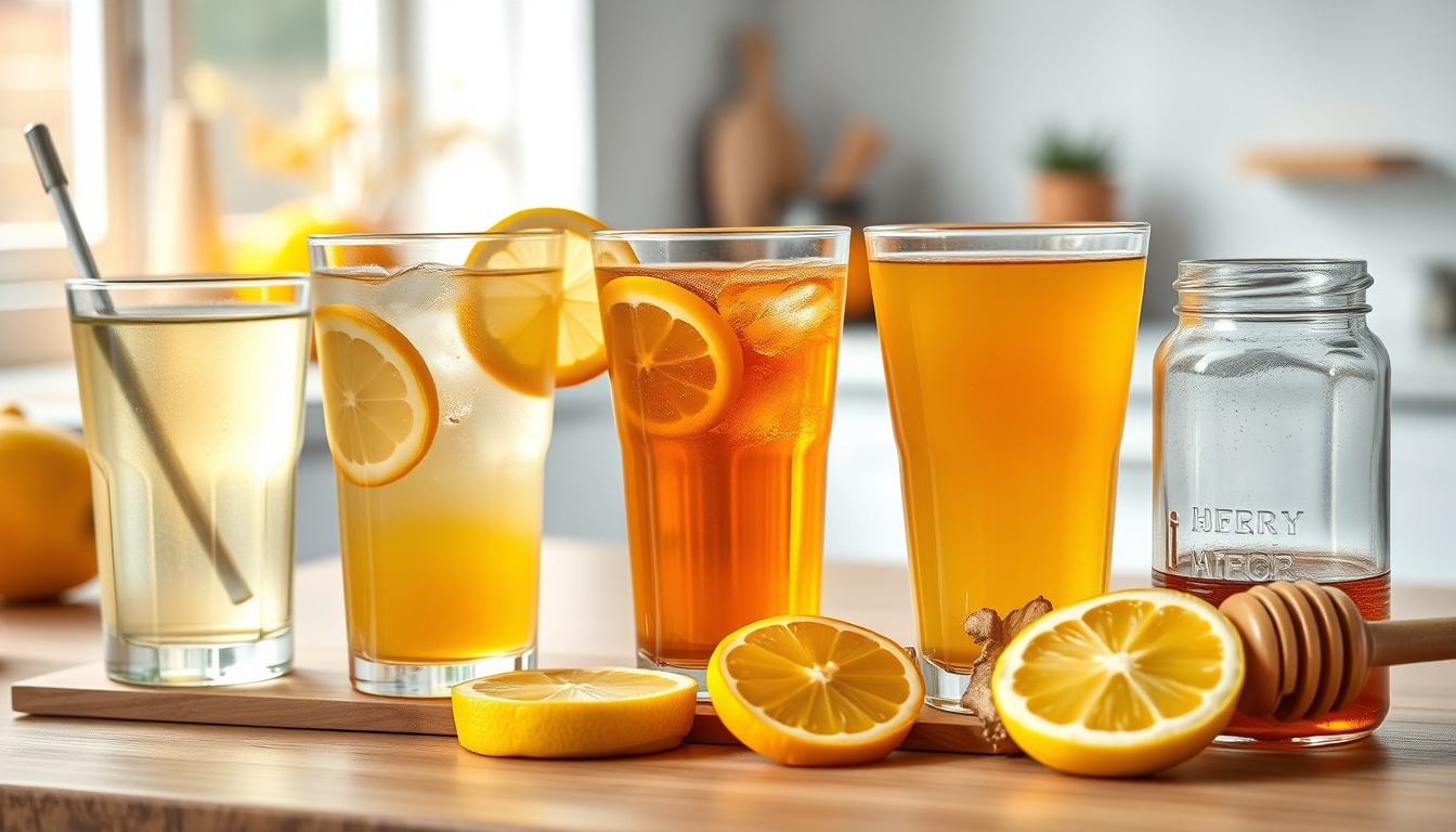 Five different honey-lemon drinks in clear glass cups from classic warm water to concentrated throat remedy