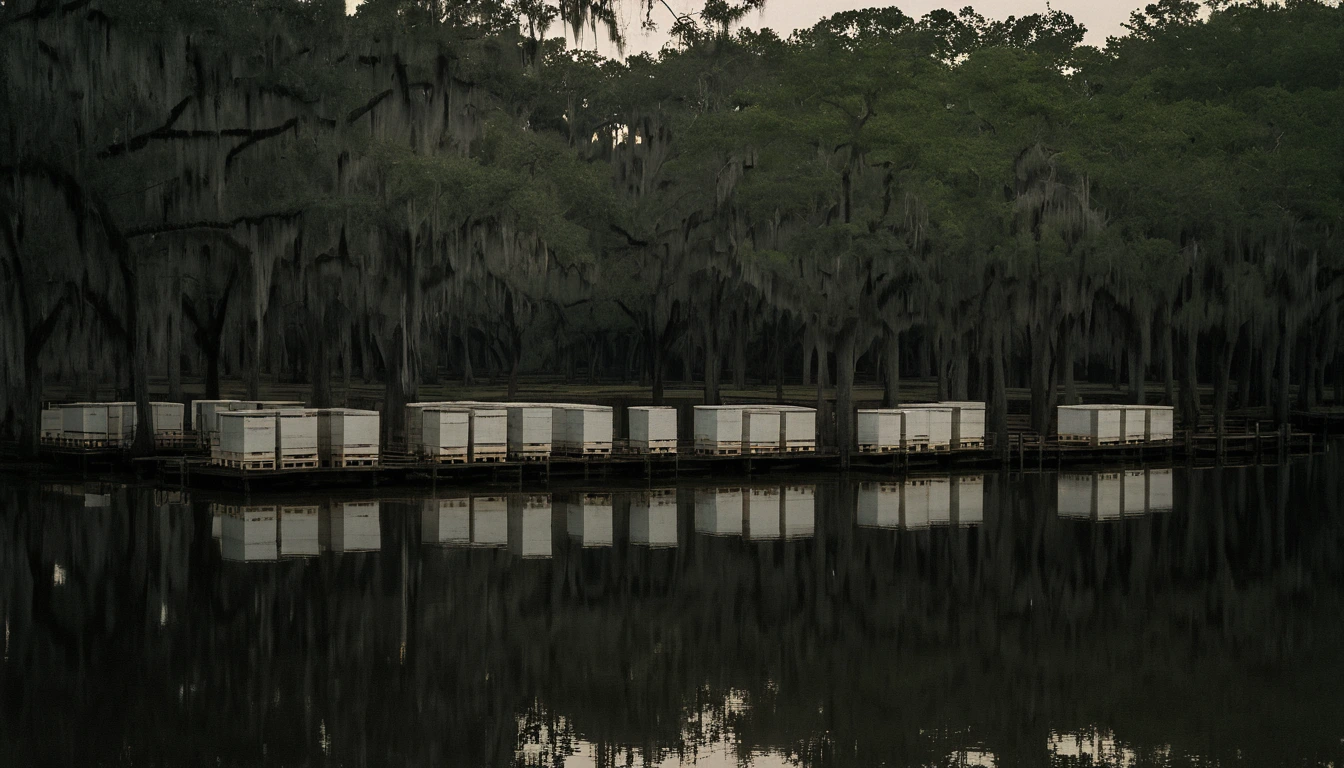 Louisiana wetland landscape with cypress trees and tupelo groves in the Atchafalaya Basin during honey harvest season