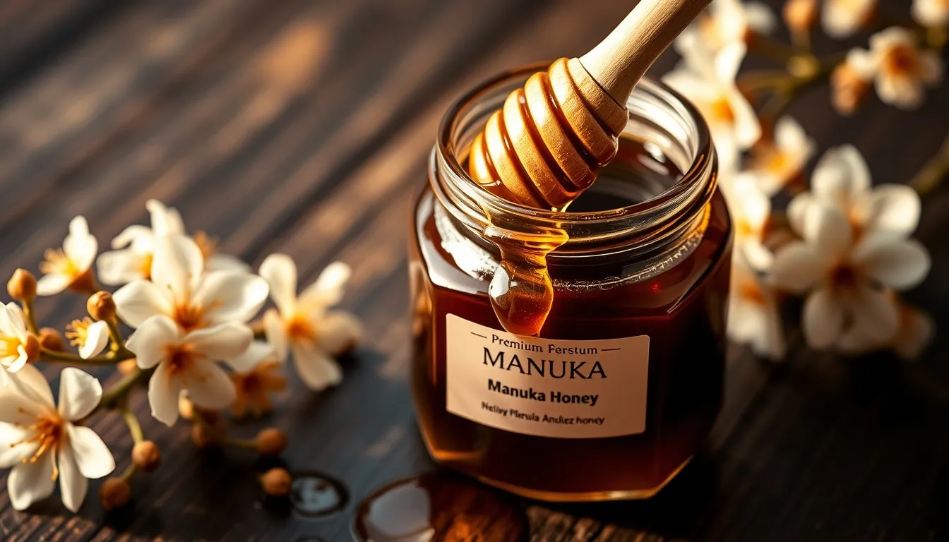 Premium dark amber Manuka honey in glass jar with native New Zealand Manuka bush flowers