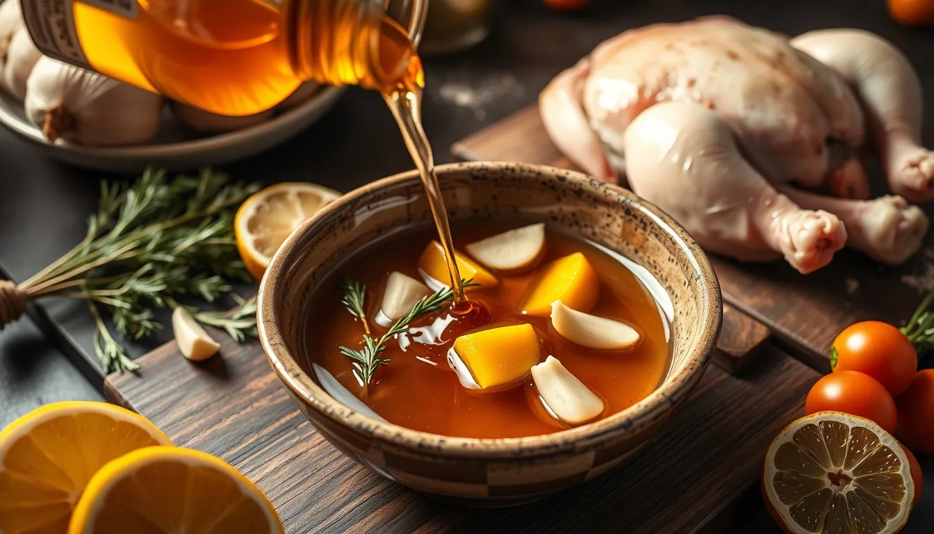Golden honey being poured into a bowl of marinade ingredients with herbs, garlic, and citrus