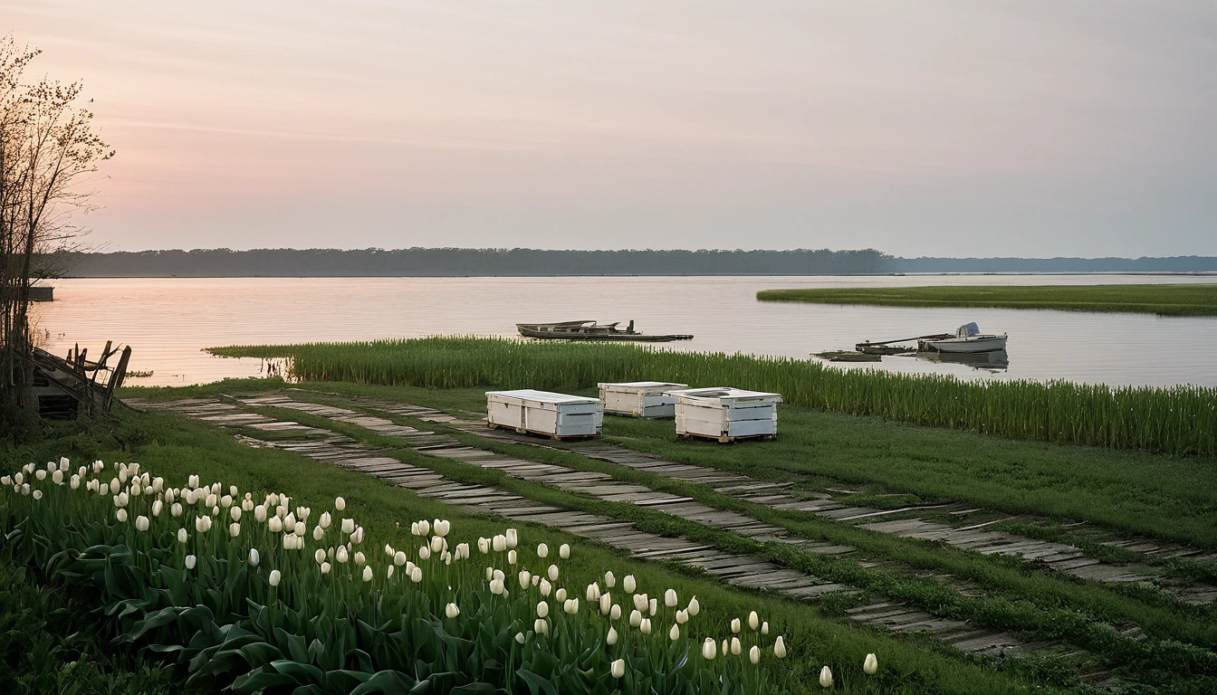Maryland honey sourcing guide featuring Chesapeake Bay maritime landscape with wetlands and coastal plains