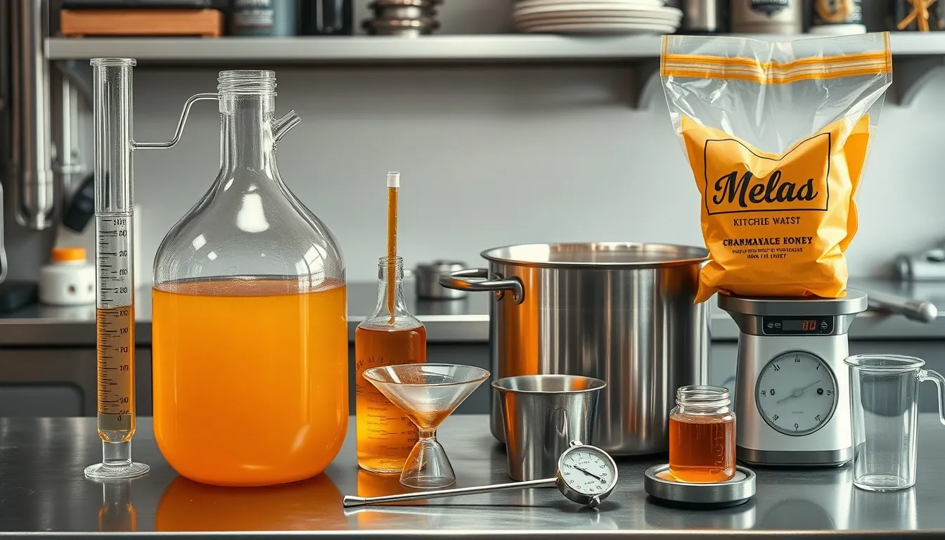 Mead equipment: glass carboy with honey must, airlock, hydrometer, yeast packet, funnel, auto-siphon, and wildflower honey
