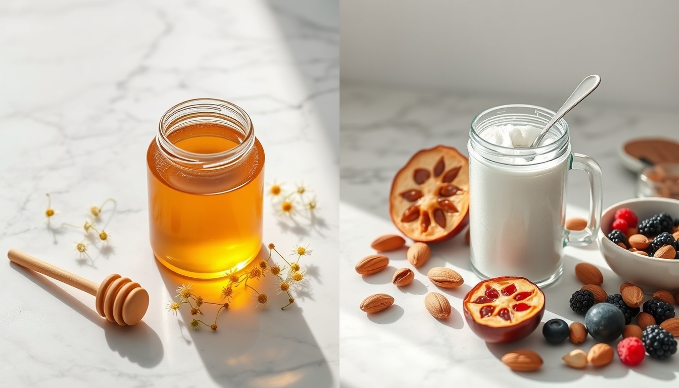 Wellness split scene: raw honey with honeycomb and wildflowers on one side, monk fruit sweetener with keto foods on the other
