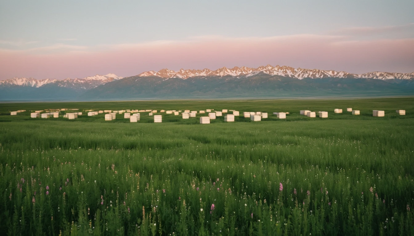 Montana high plains landscape with beehives and Rocky Mountain backdrop