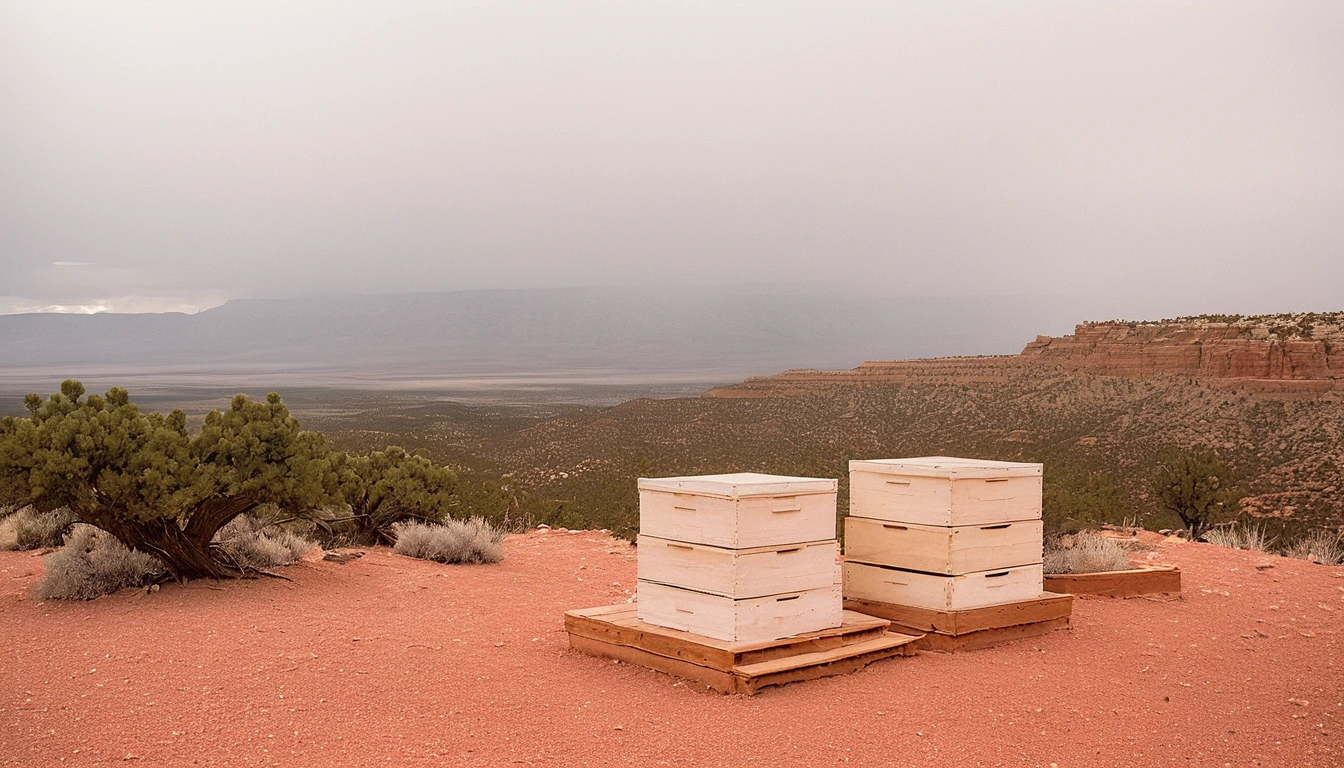 New Mexico high desert landscape with Sangre de Cristo mountains and piñon pine forests during honey harvest season