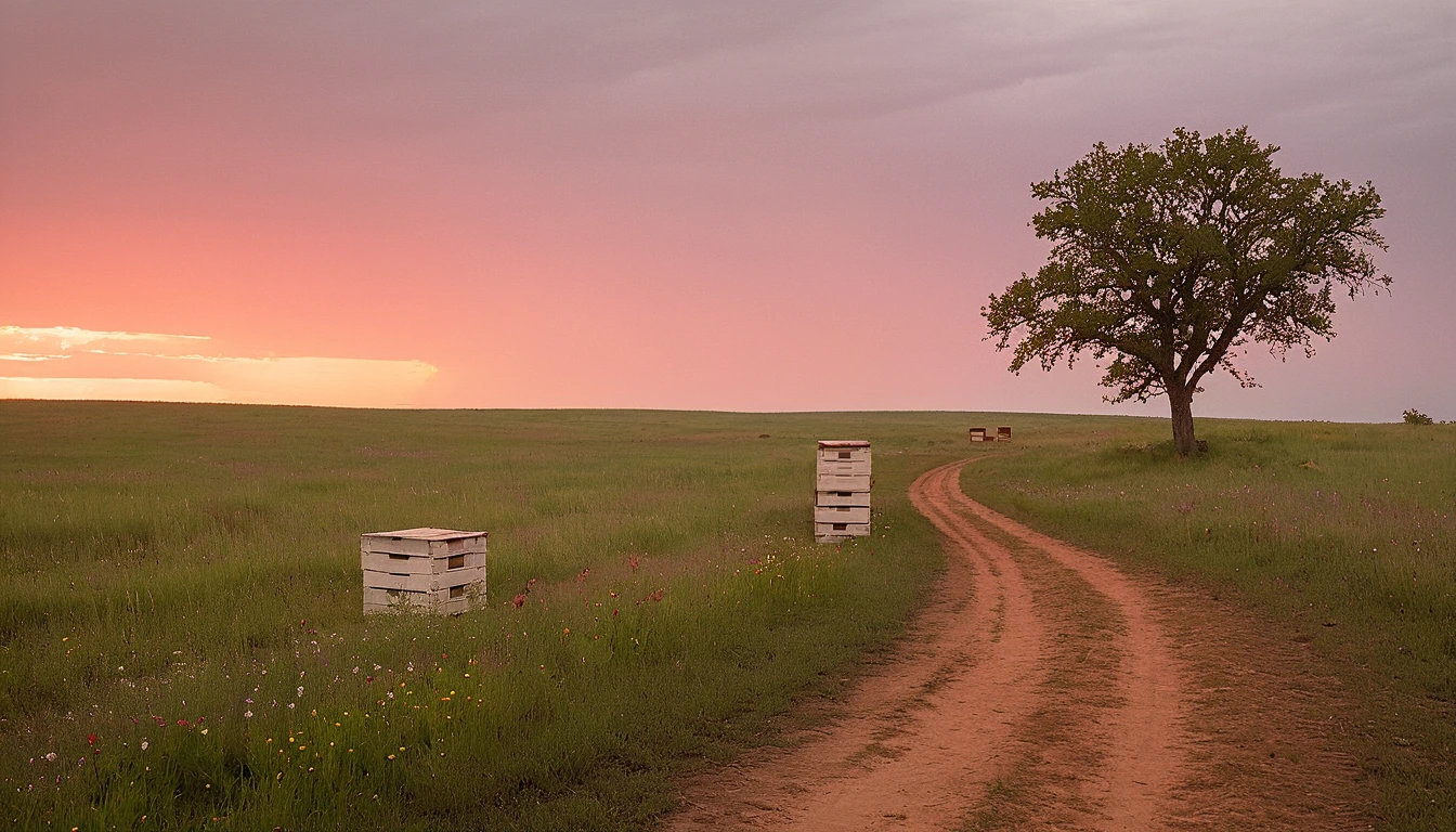 Oklahoma prairie landscape with wildflowers, tallgrass, and beehives during peak honey harvest season