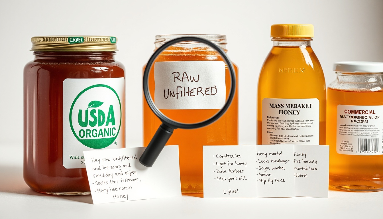 Three honey jars compared: USDA Organic, raw local, and commercial, with certification labels