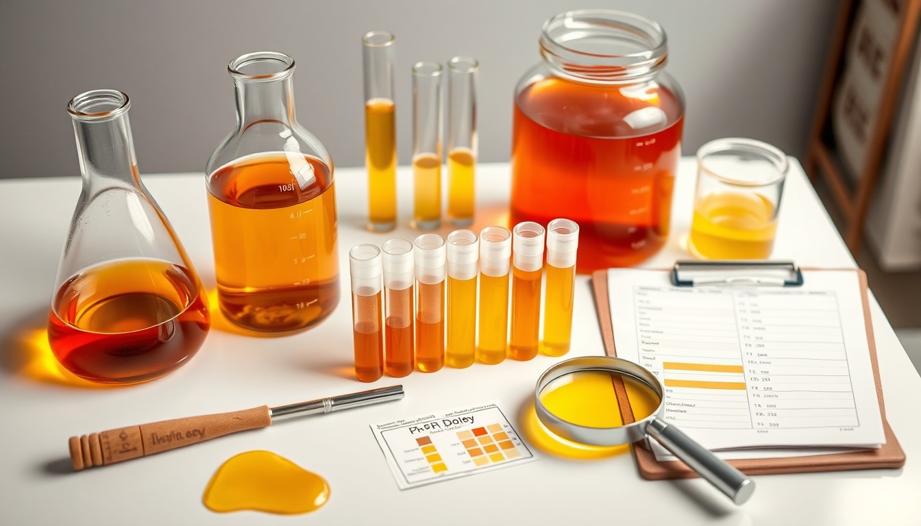 Honey quality testing with laboratory beakers, refractometer, pH strips, and Pfund color grading scale