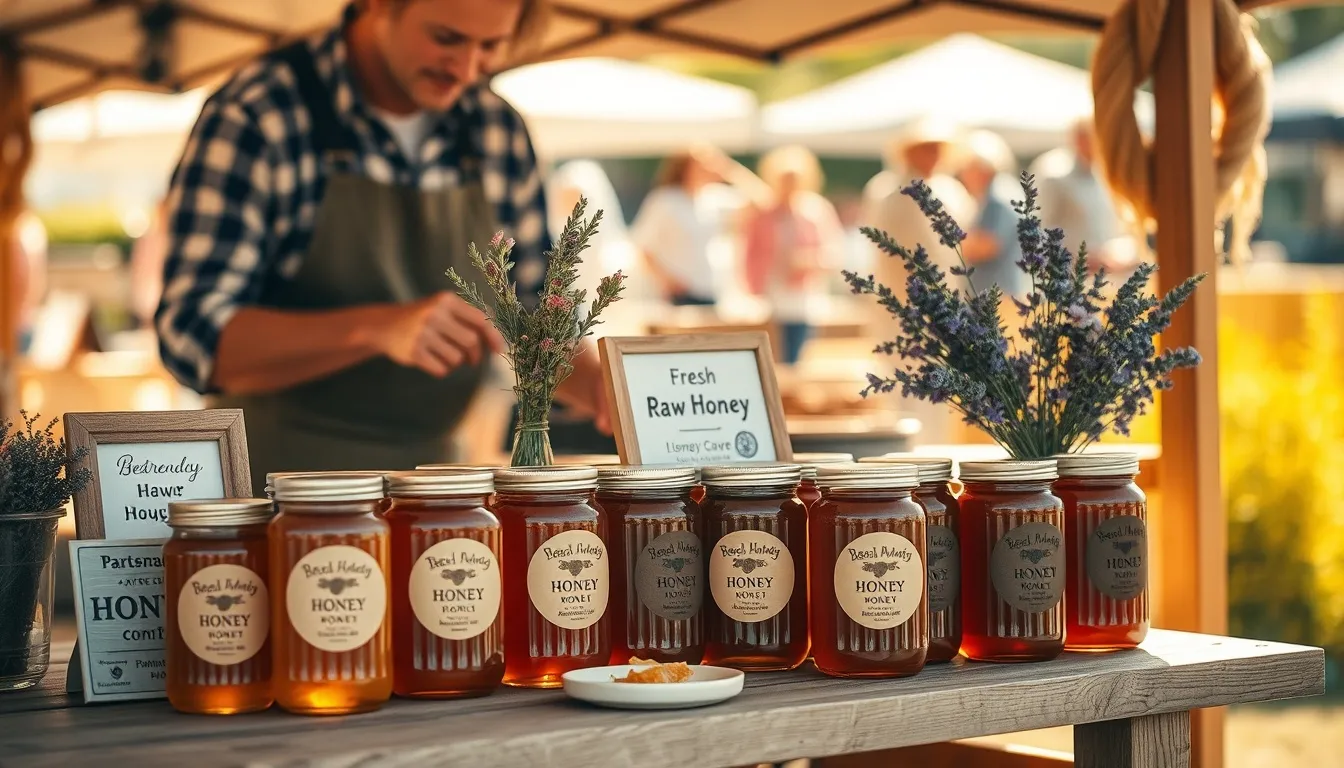 Farmers market honey stand with artisan raw honey jars in varying amber shades, handwritten labels, and wildflowers