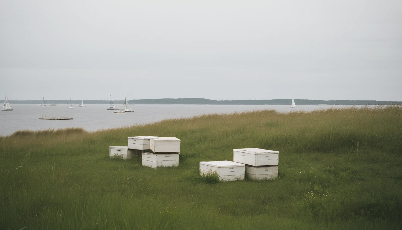 Rhode Island coastal landscape with wildflowers and beehives near Narragansett Bay
