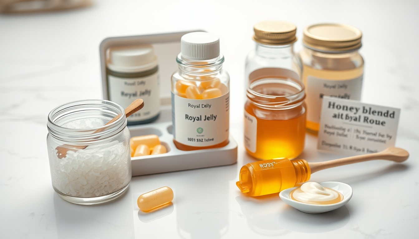 Royal jelly forms: fresh frozen jar, freeze-dried capsules, liquid ampules, and honey blend showing consumption methods