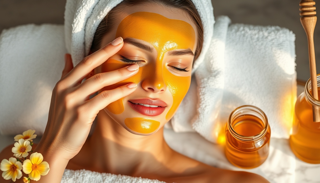 Woman applying golden raw honey face mask in a serene spa setting