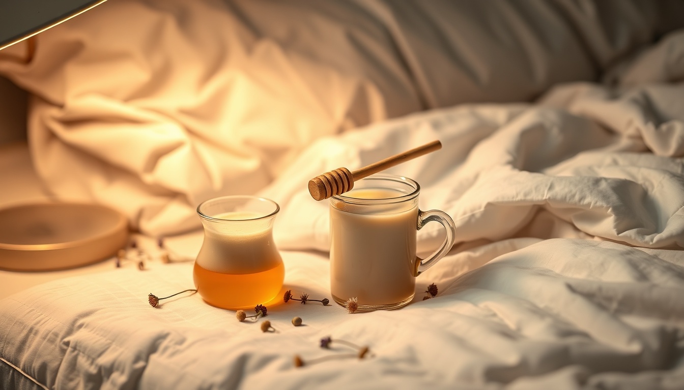 Warm honey milk on nightstand with chamomile flowers and soft bedside lamp glow