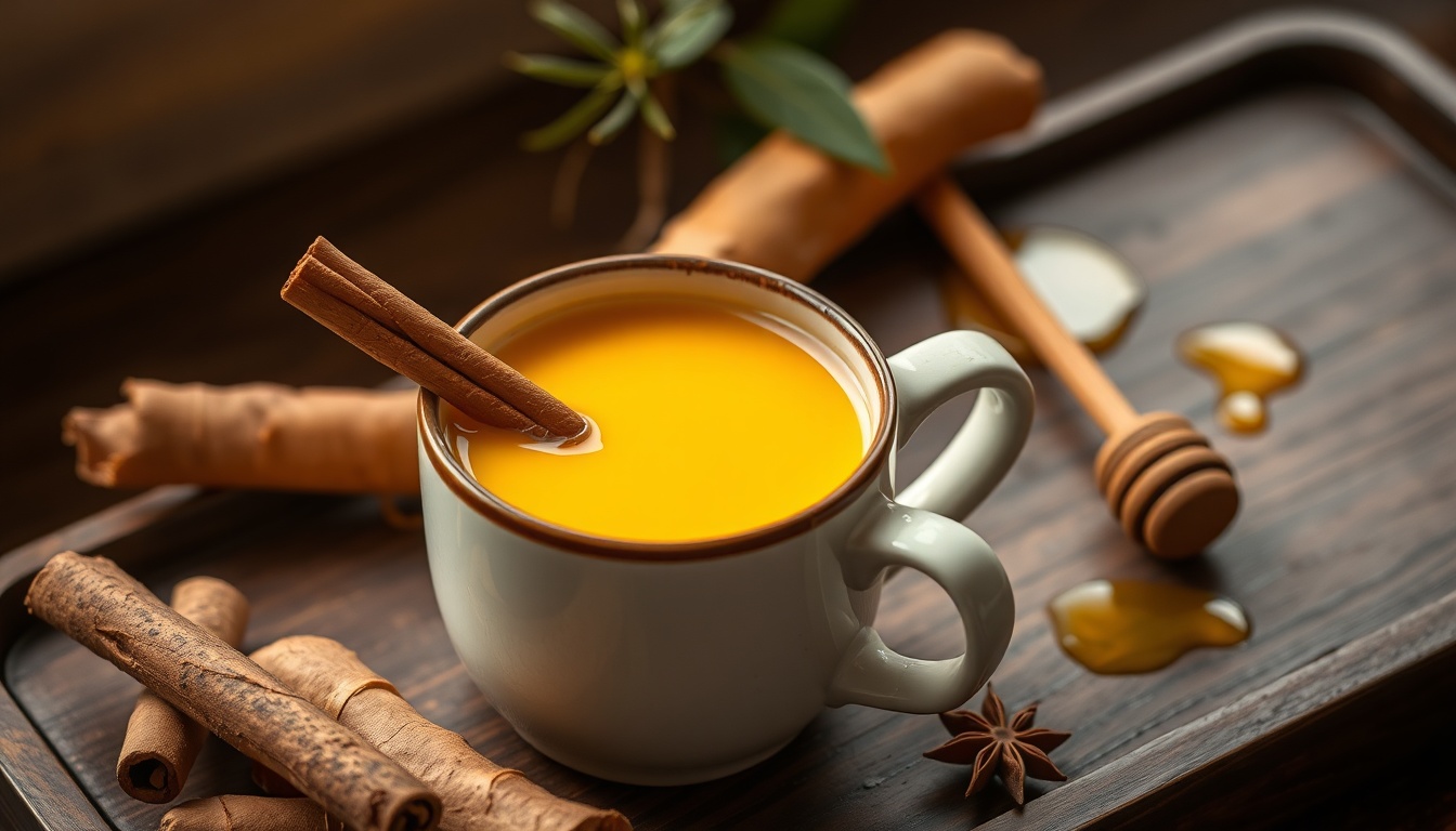 Golden turmeric milk with honey, cinnamon sticks, and star anise in a warm evening setting