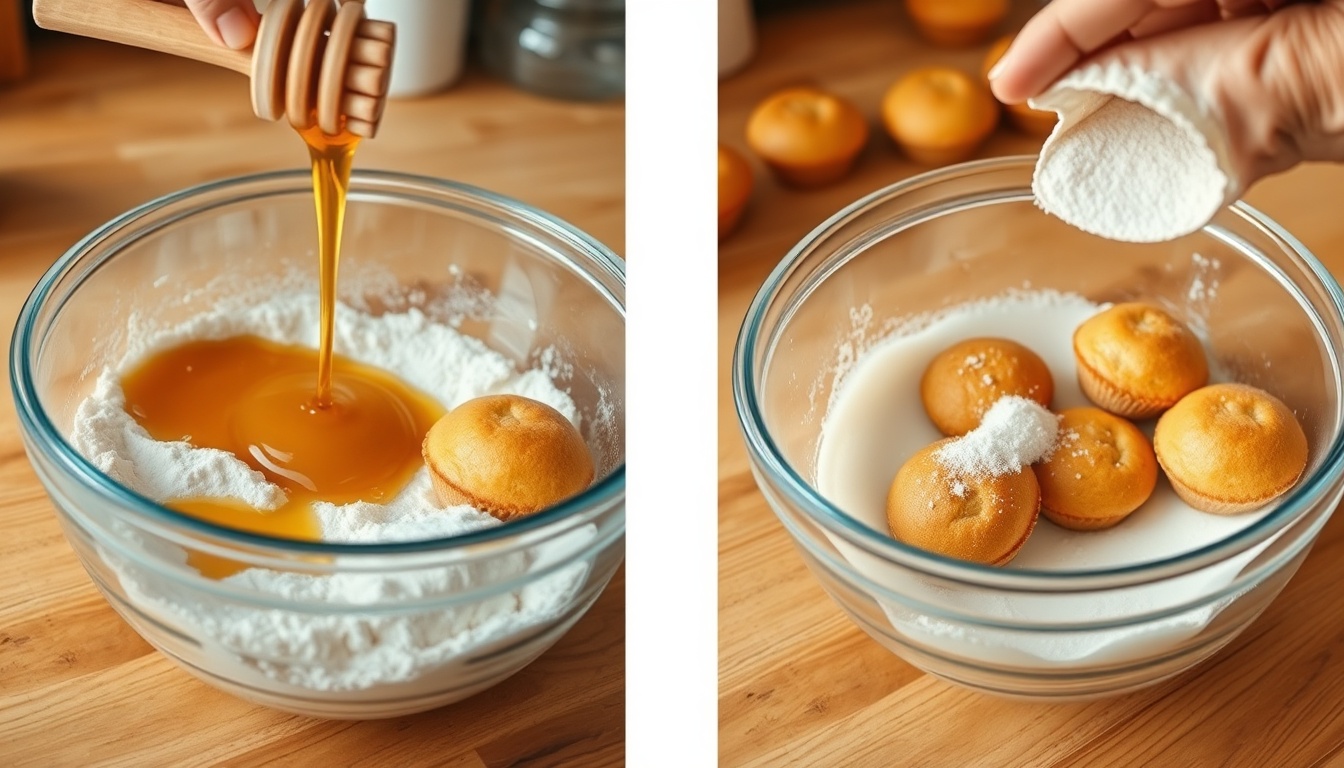 Baking comparison: honey drizzled into mixing bowl making golden muffins, stevia powder with bulking agents on the other side