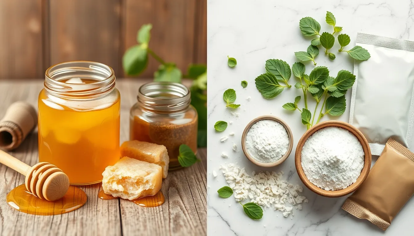 Processing comparison: raw honey with honeycomb versus stevia leaves, dried leaves, and refined powder