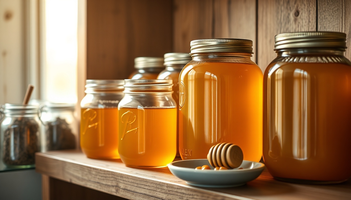 Properly stored honey in glass mason jars arranged on a rustic wooden pantry shelf with warm ambient lighting