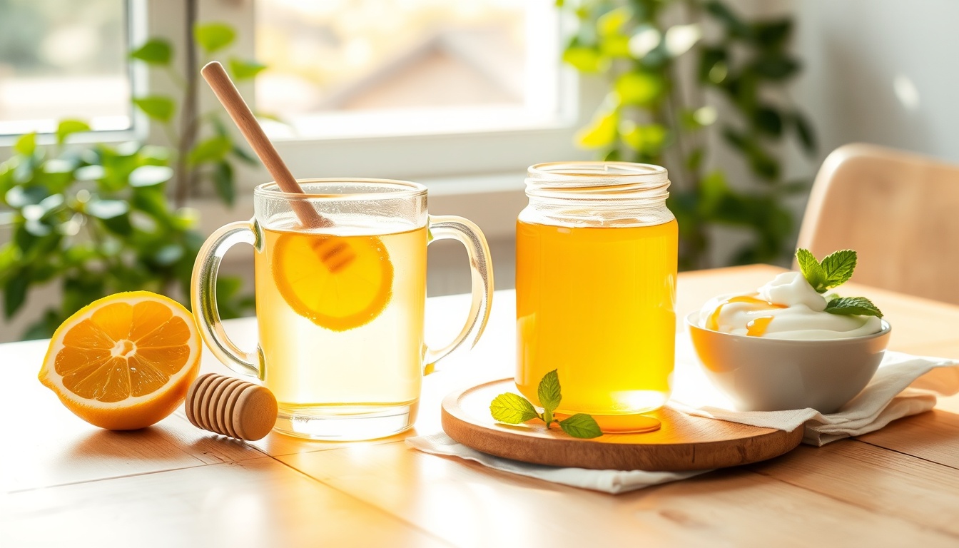 Warm honey-lemon water in clear mug with morning sunlight, raw honey jar, Greek yogurt, and fresh mint on rustic table