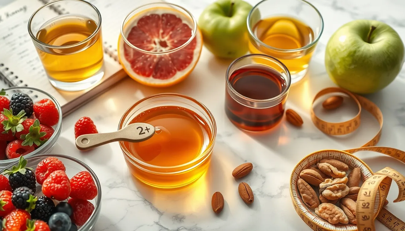 Weight management scene: measured honey portion, fresh fruits, green tea, and nutrition journal on white marble surface