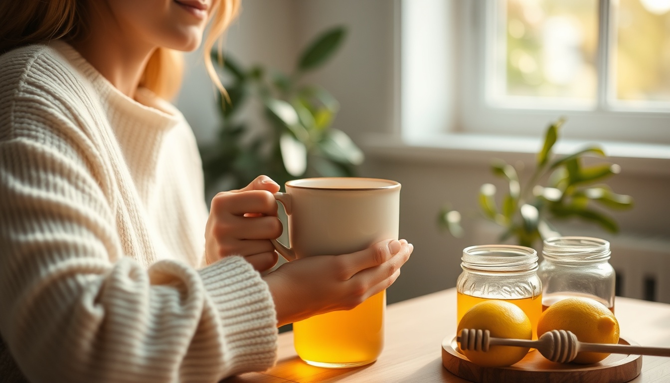 Woman holding warm honey and lemon water in cozy morning setting