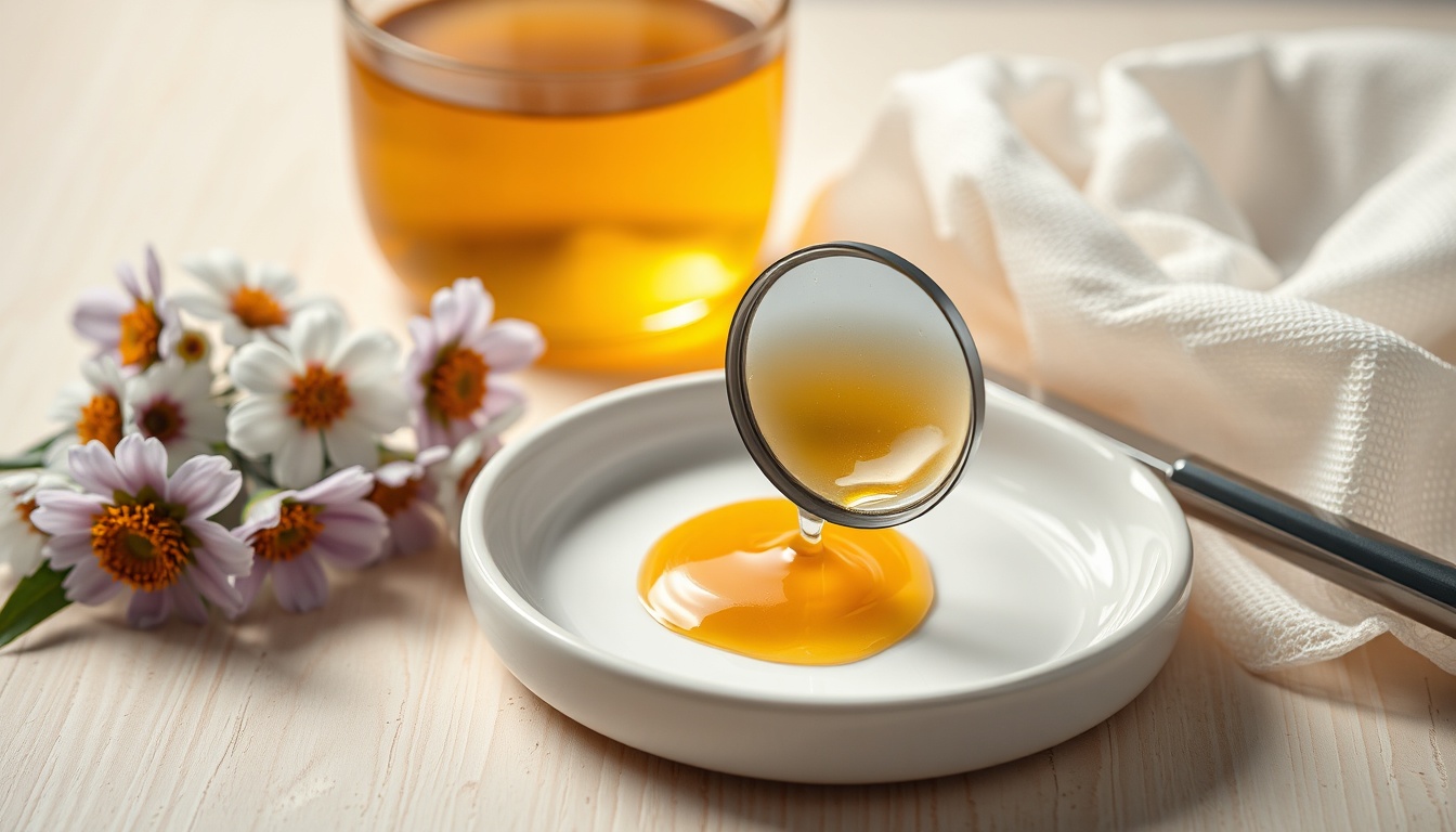 Golden honey flowing from jar with magnifying glass showing texture, surrounded by manuka flowers and sterile gauze