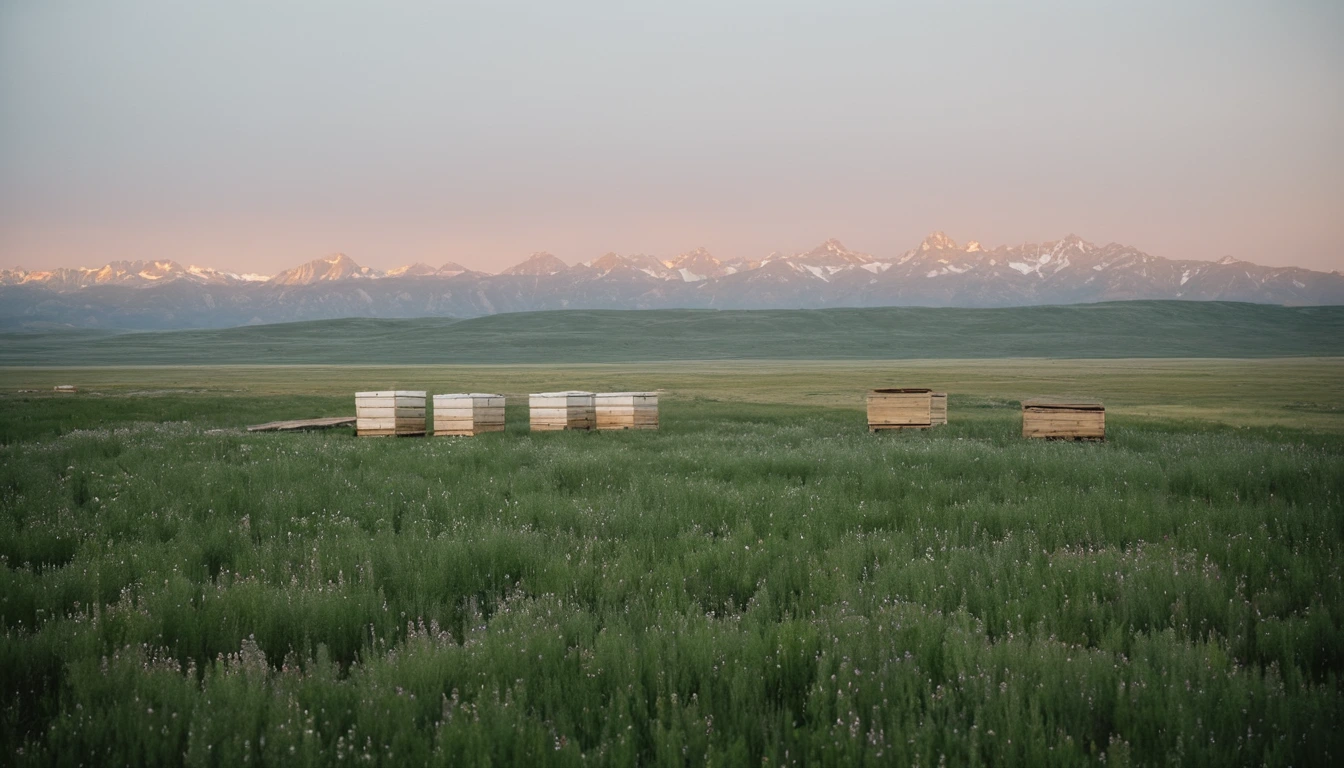 Wyoming mountain landscape with wildflowers and beehives at high altitude in Wind River Range