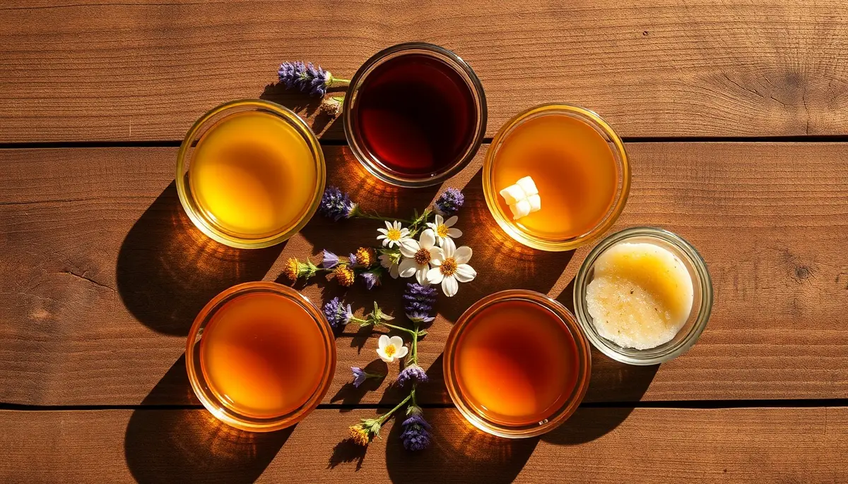 Six honey varieties in glass bowls arranged in a circle with fresh flowers — from pale golden acacia to deep dark buckwheat