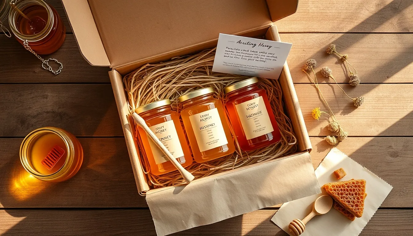 Honey subscription box: glass jars of golden honey, tasting notes card, wooden honey dipper on a dark wood table