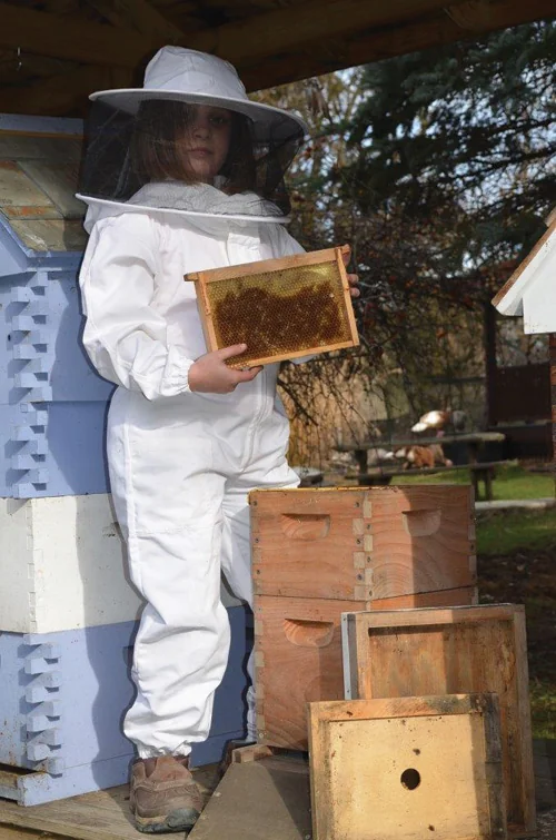 A beekeeper in a full suit holding a frame