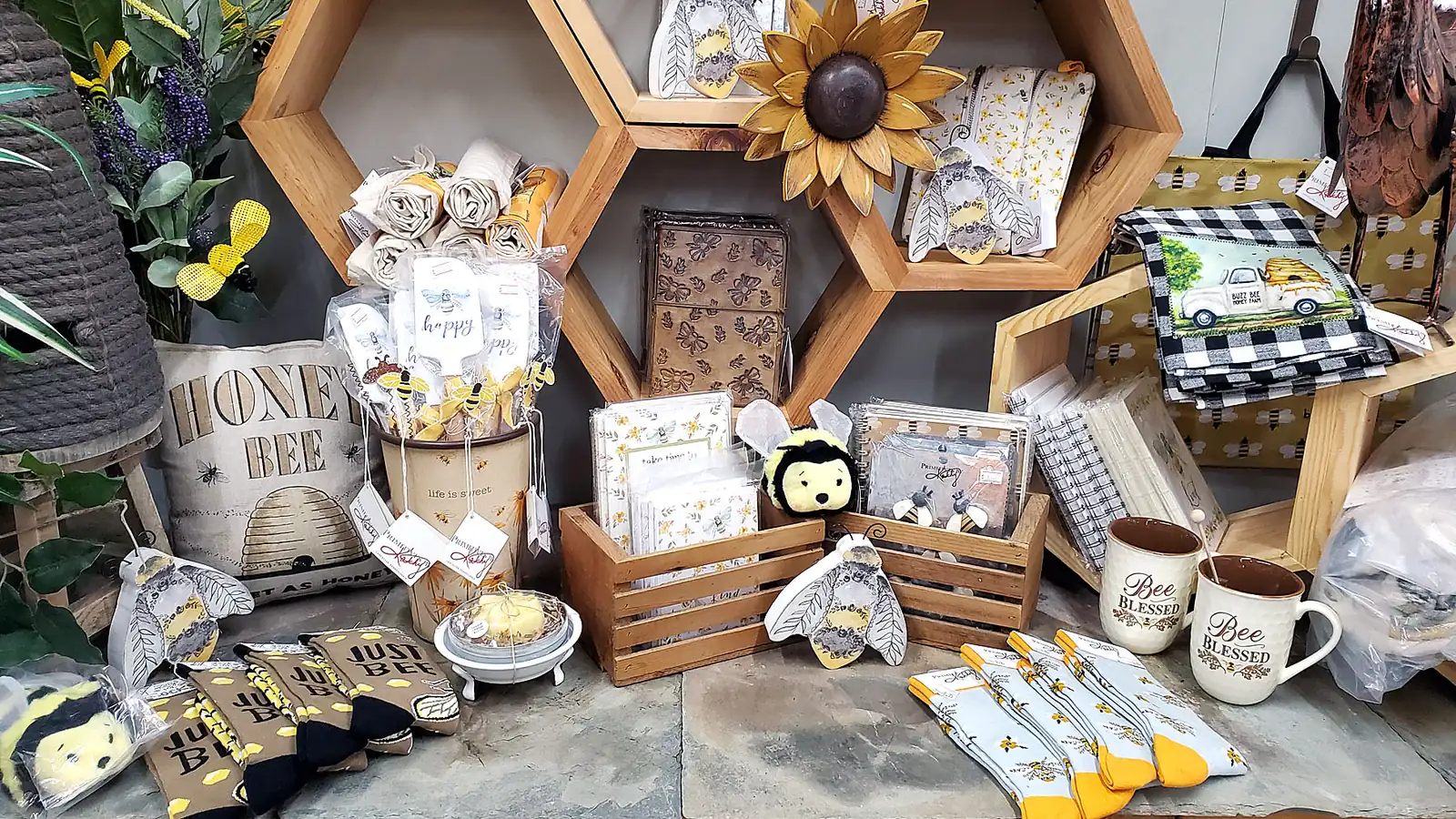 Honey gifts and bee-themed home goods on display