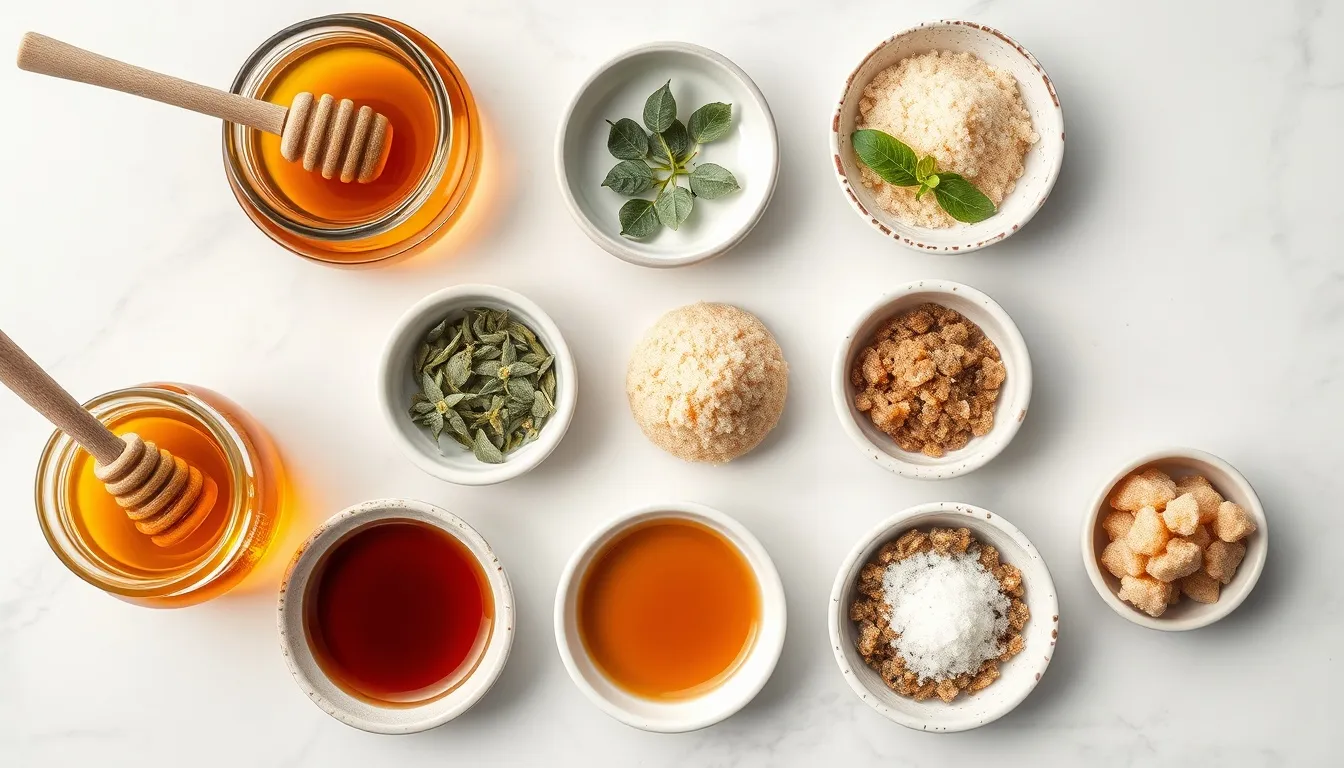 Nine natural sweeteners on marble: golden honey, maple syrup, agave, stevia, coconut sugar, brown sugar, molasses, monk fruit