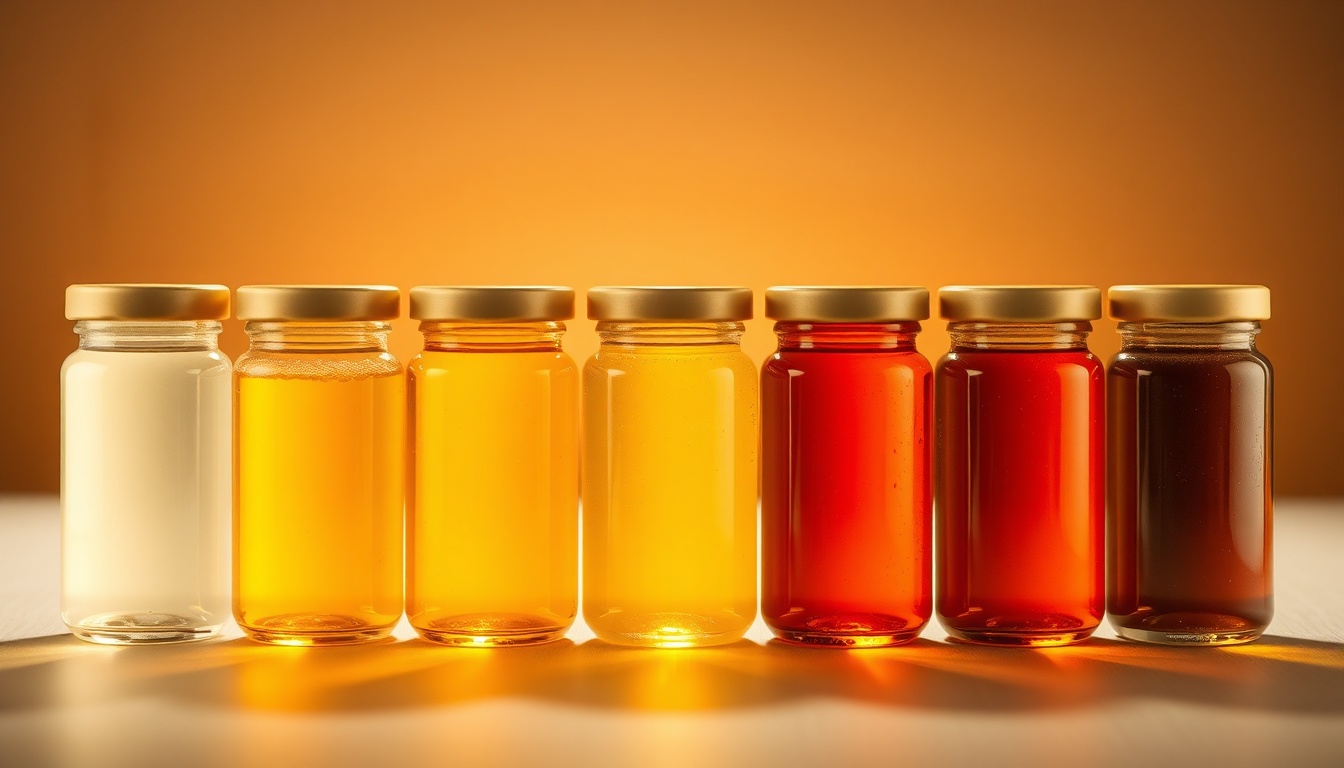 Honey samples in clear glass containers showing the full color spectrum from water-white to dark amber