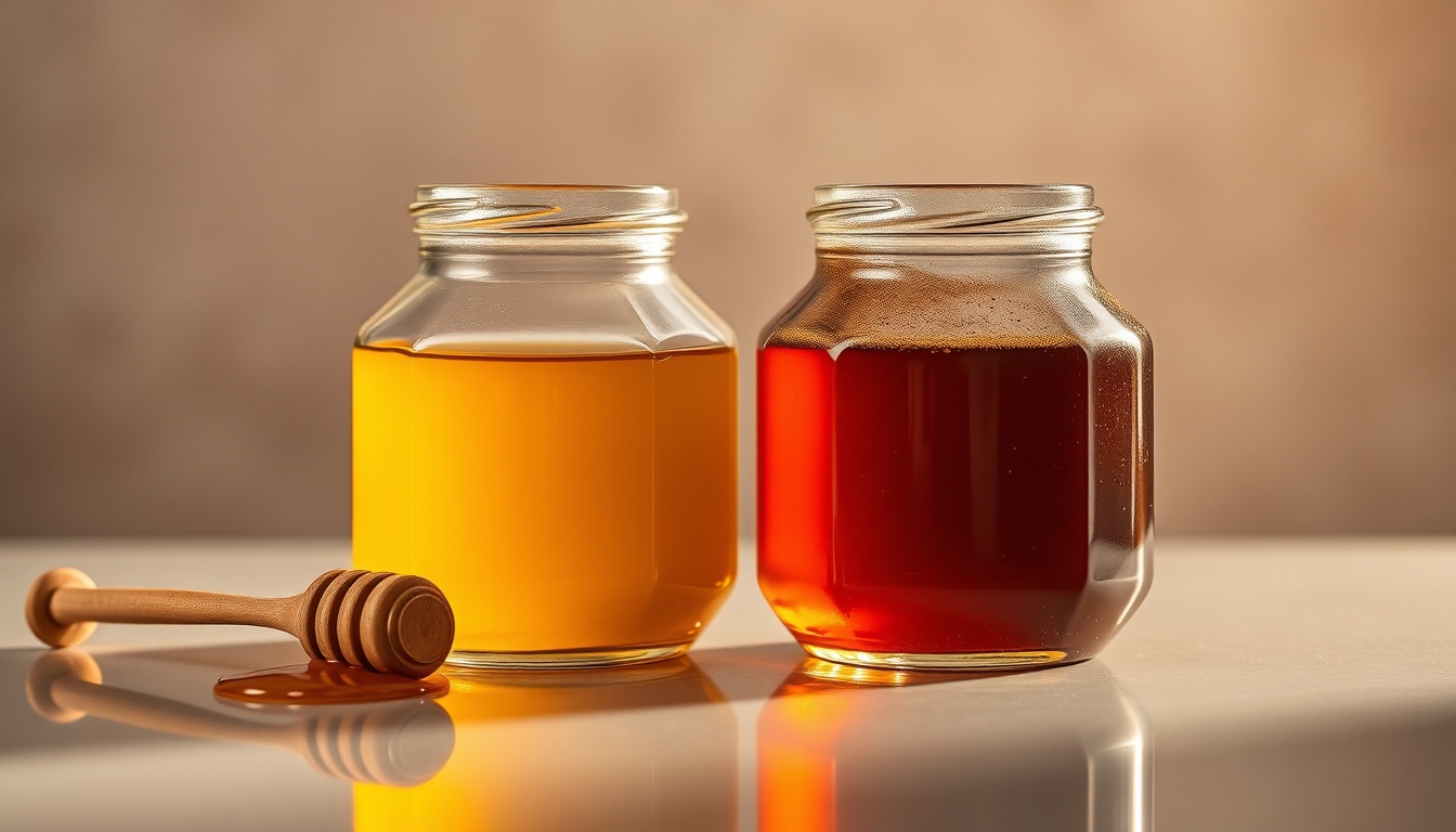 Two elegant jars of contrasting honey side by side, light golden and dark amber