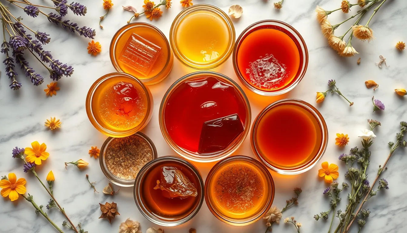 Diverse honey varieties in small glass bowls forming a color wheel pattern surrounded by floral sources