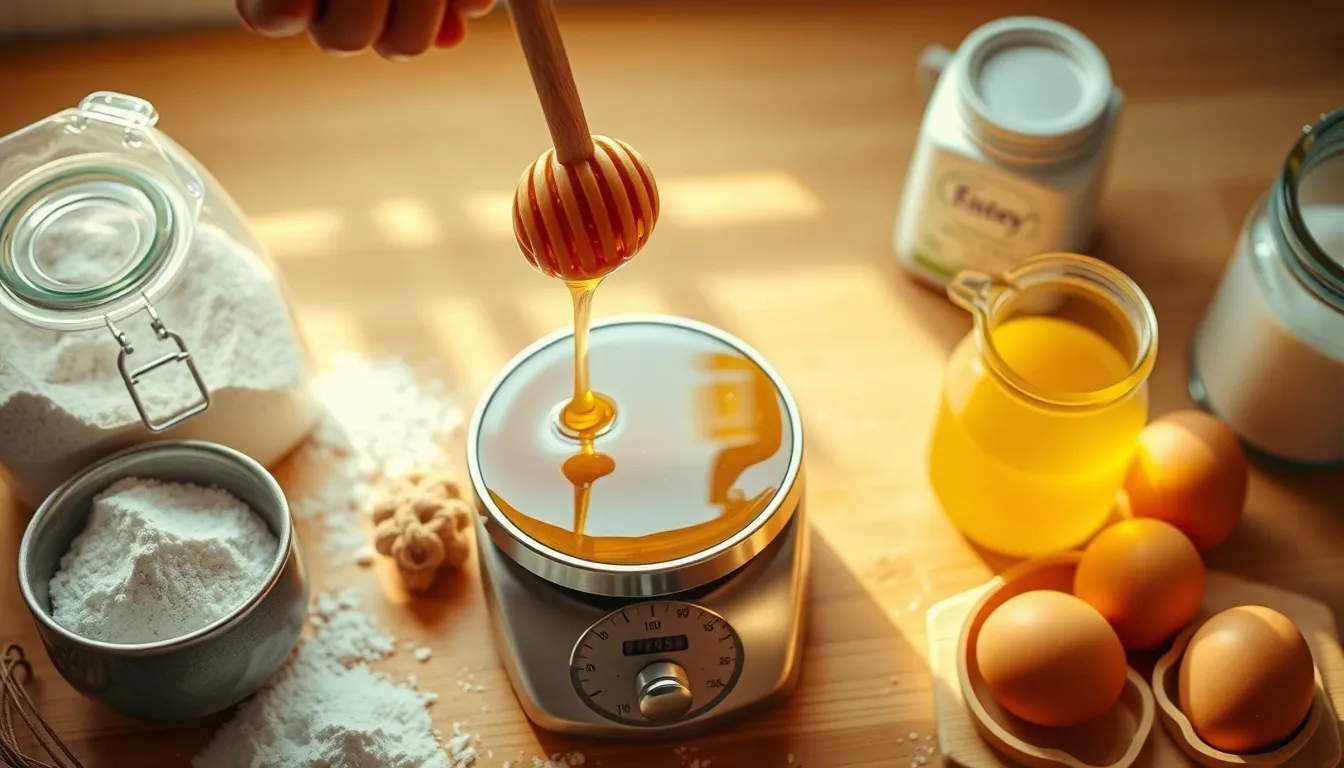 Golden honey being poured from a wooden dipper onto a kitchen scale surrounded by baking ingredients